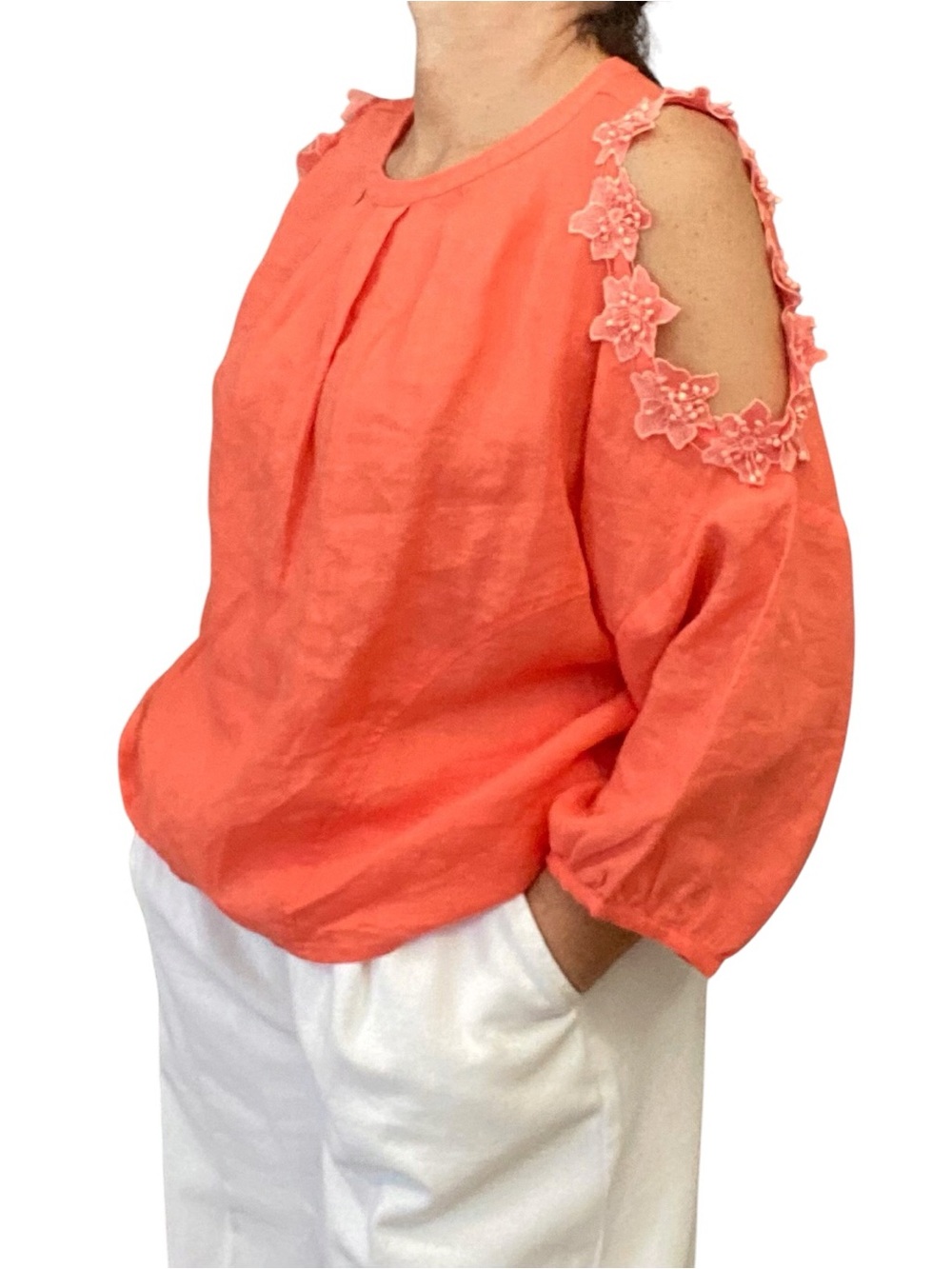 100% Linen Coral Cold-Shoulder Floral Applique Blouse Size L oversized relaxed